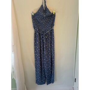 American Eagle Womens XL Blue Floral Smocked Halter Wide Leg Jumpsuit Boho